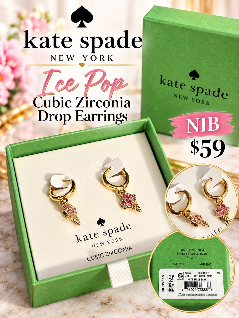 Kate Spade $59 Ice Pop Cubic Zirconia Drop Earrings NIB